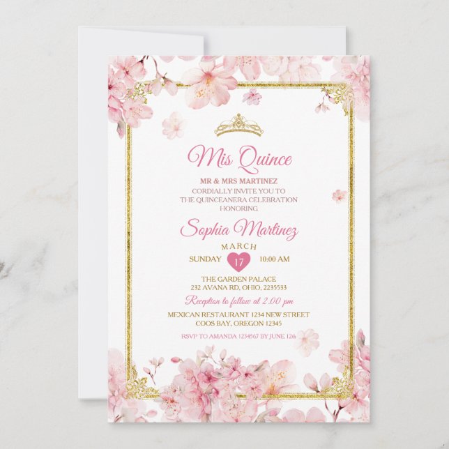 Invitation Cerise en fleurs Quinceanera Couronne d'anniversai (Devant)