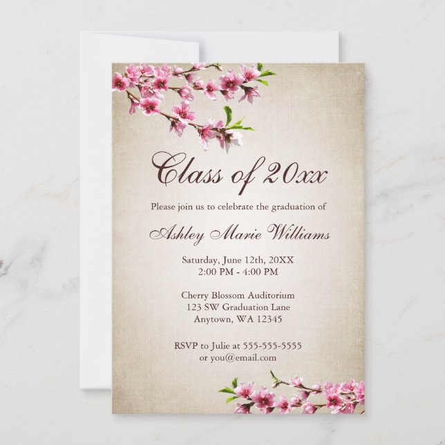 Invitation Cerise Fleurs Vintage Tan Graduation (Devant)