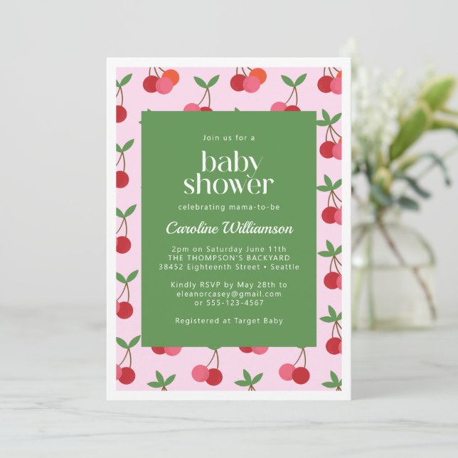 Invitation Cerise Fruit Rouge rose Vert mignonne Baby shower (Debout devant)