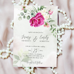 Invitation Cérise magenta peony eucalyptus watercolor invitat