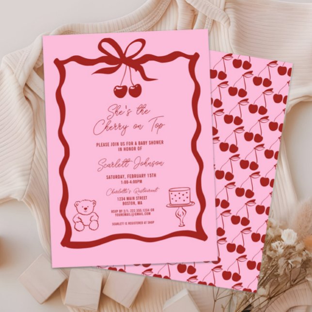 Invitation Cerise mignonne sur le Baby shower rose et rouge (She's the Cherry on Top Baby Shower Invitation, It's a Girl, Pink and Red, Hand Drawn, Bow, Chic)
