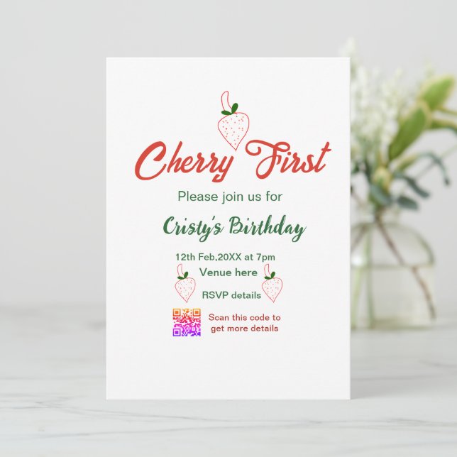 Invitation cerise premier anniversaire rouge code qr gras rét (Debout devant)