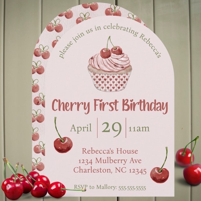 Invitation Cerise Première Aquarelle Anniversaire Coquette Cu (Cherry first birthday watercolor cupcake fruit cute 1st bday party invitation pink girls 1 year old)
