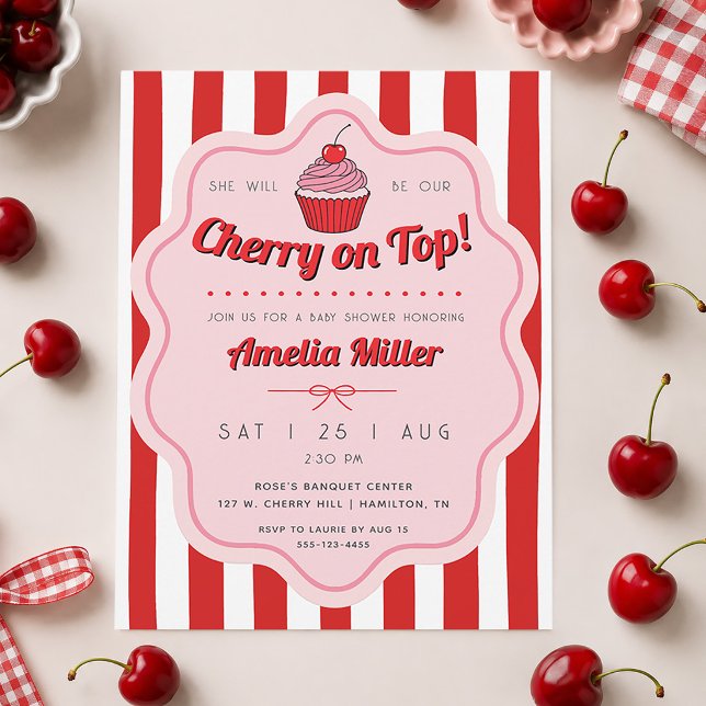 Invitation Cerise Rétro sur le Haut Fête Prénatale Rayée (Retro Cherry on Top Baby Shower Striped Invitation)