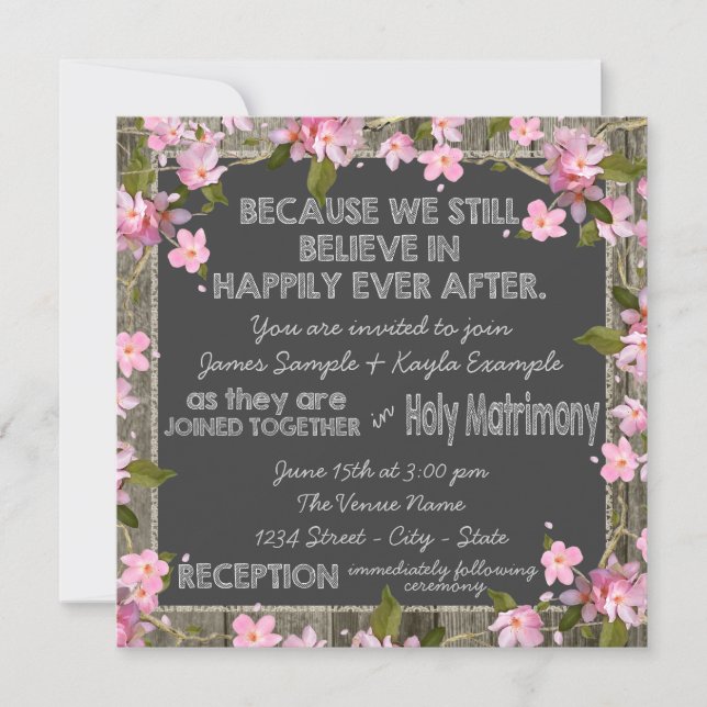 Invitation Cerise rose Rustique Grange Mariage de chalk de bo (Devant)