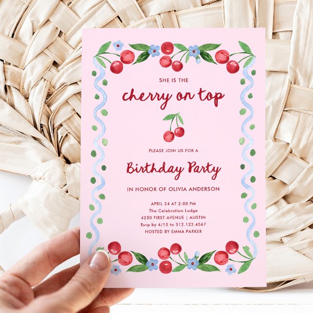 Invitation Cerise rose sur le dessus Whimsical Retro fête d'a (Créateur téléchargé)