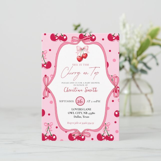 Invitation Cerise sur le Baby shower supérieur rose Fleur rub (Debout devant)