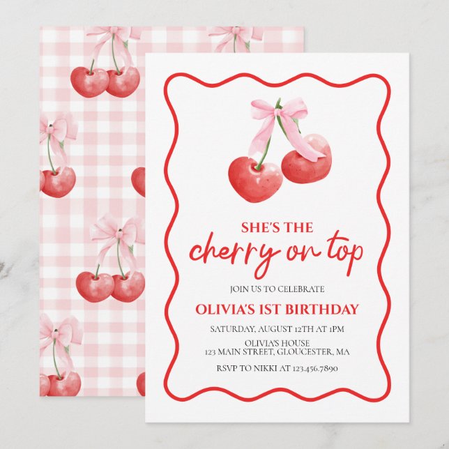 Invitation Cerise sur le dessus Anniversaire preppy rose (Devant / Derrière)