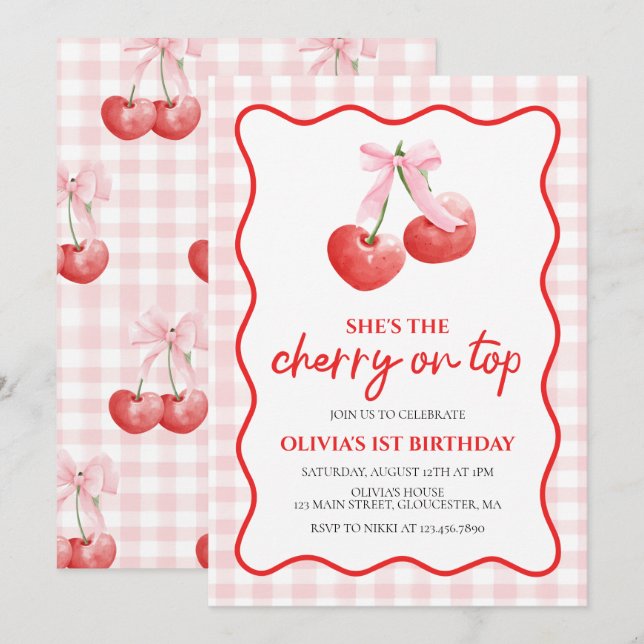 Invitation Cerise sur le dessus Anniversaire preppy rose (Devant / Derrière)