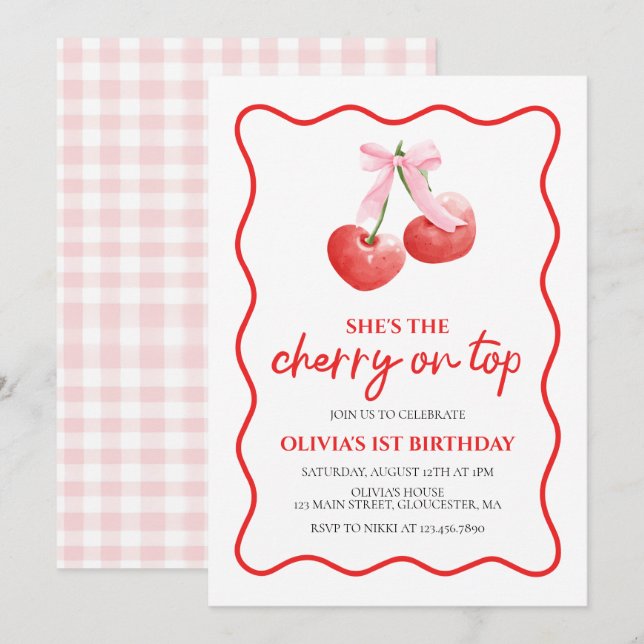 Invitation Cerise sur le dessus Anniversaire preppy rose (Devant / Derrière)