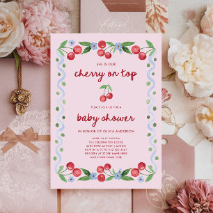 Invitation Cerise sur le dessus   Baby shower blanc de script