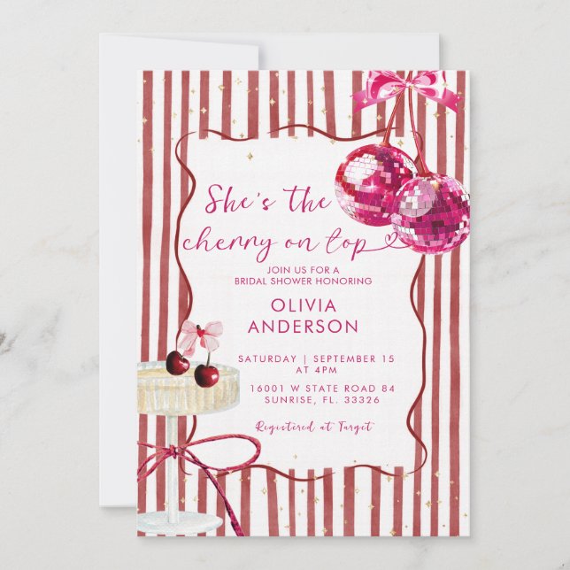 Invitation Cerise sur le dessus Boules de disco roses Enterre (Devant)