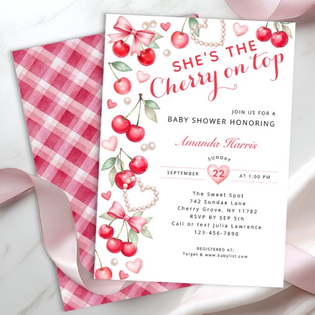 Invitation Cerise sur le dessus - Bow rose et Baby shower En  (Cherry Themed Baby Shower)