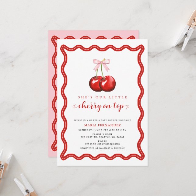 Invitation Cerise sur le dessus Coquette Baby shower de fille (Devant/Arrière en situation)