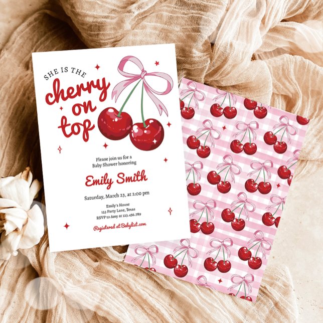 Invitation Cerise sur le dessus Coquette Bow rose fille Baby  (Créateur téléchargé)