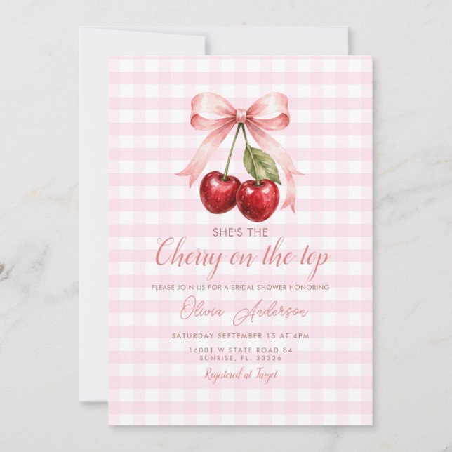 Invitation Cerise sur le dessus de la douche de mariée rose à (Devant)