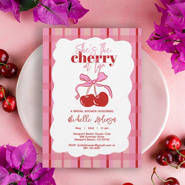 Invitation Cerise sur le dessus dessinée à la main rose rouge (Créateur téléchargé)