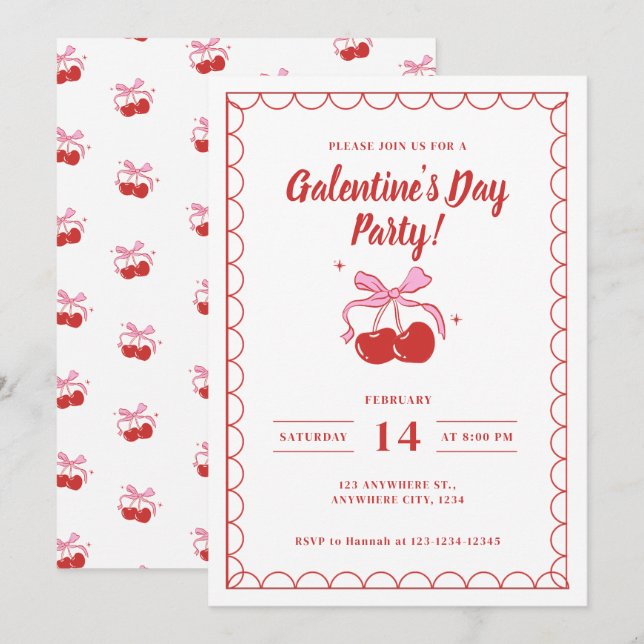 Invitation Cerise sur le dessus Galentine's Day Blanc (Devant / Derrière)