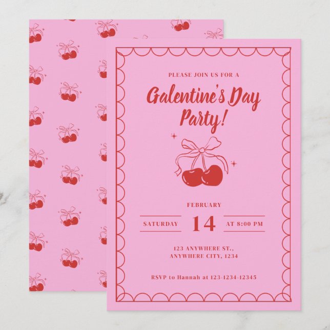 Invitation Cerise sur le dessus Galentine's Day rose (Devant / Derrière)