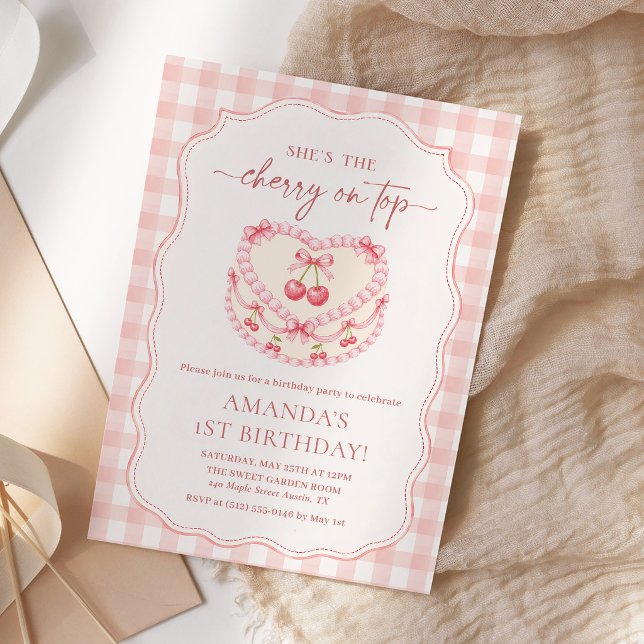 Invitation Cerise sur le dessus Gingham rose 1er anniversaire (Créateur téléchargé)