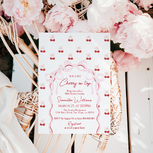Invitation Cerise sur le dessus Pink Bow Red Baby Girl Douche