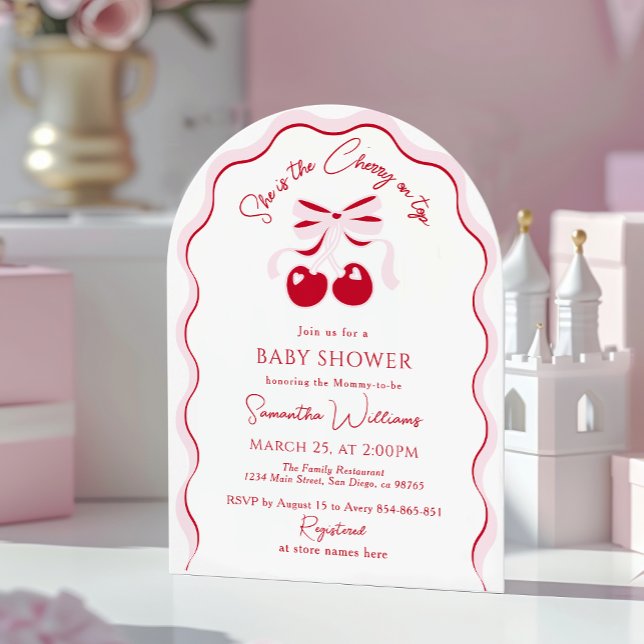 Invitation Cerise sur le dessus Pink Bow Red Baby Girl Shower (Créateur téléchargé)
