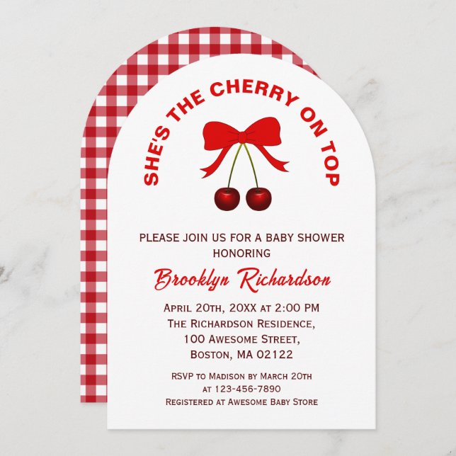 Invitation Cerise sur le dessus Red Coquette Bow Girl Baby sh (Devant / Derrière)