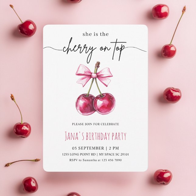 Invitation Cerise sur le dessus rose fête d'anniversaire (Créateur téléchargé)