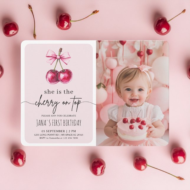 Invitation Cerise sur le dessus rose fête d'anniversaire avec (Créateur téléchargé)