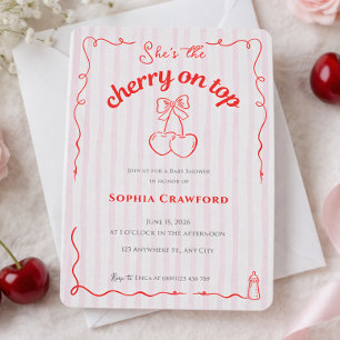 Invitation Cerise sur le dessus Rouge Rose Ruban Cerises Baby