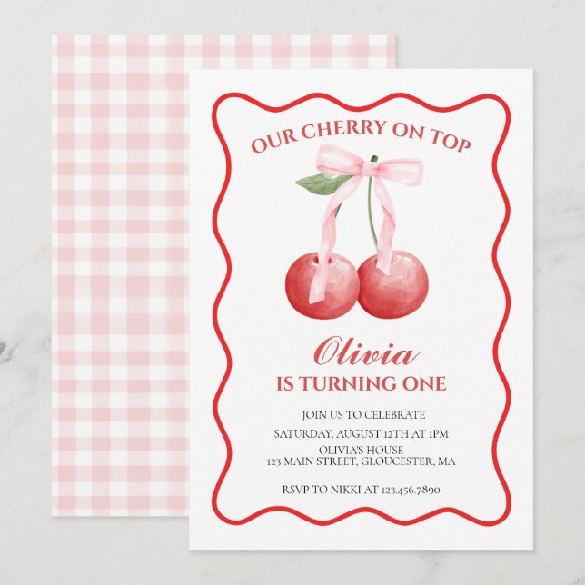 Invitation Cerise sur le dessus ruban rose élégant 1er annive (Devant / Derrière)