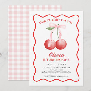 Invitation Cerise sur le dessus ruban rose élégant 1er annive
