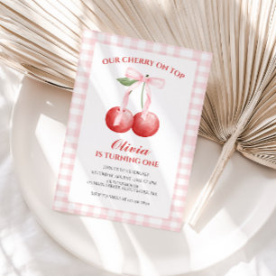 Invitation Cerise sur le dessus ruban rose preppy 1er anniver