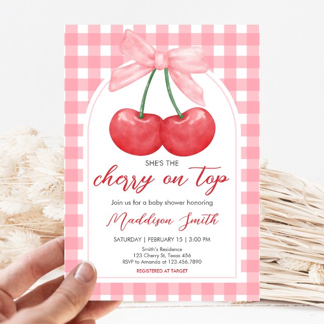 Invitation Cerise sur le gâteau Baby Shower (Gingham Cherry Baby Shower Invitation)