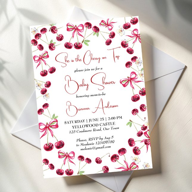 Invitation Cerise sur le haut du baby shower de coquette ruba (Cherry on top ribbon coquette baby shower invitation template summer fruit berry baby shower invite)
