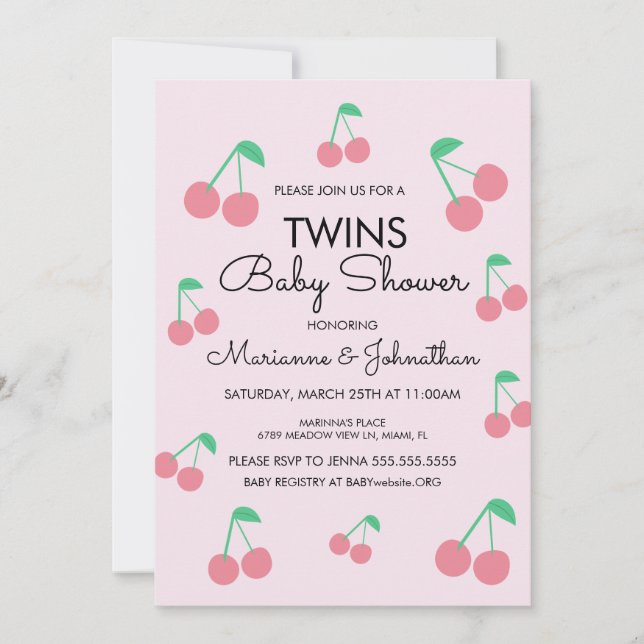 Invitation Cerises Fruit rose Baby shower Red Twins (Devant)