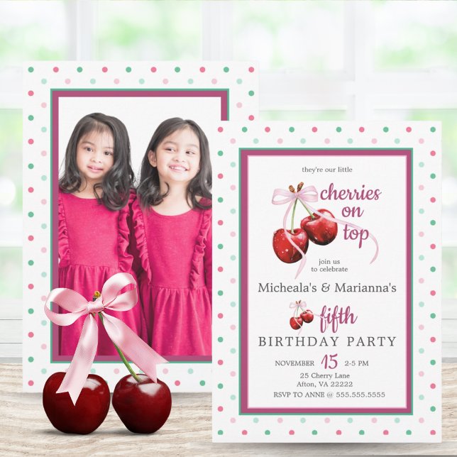 Invitation Cerises jumelles sur le dessus Cerise rose Bow Ann (Twin Cherries On Top Cherry Pink Bow Birthday)