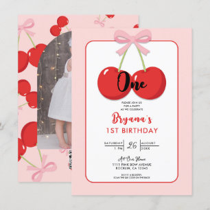 Invitation Cerises rouges avec coquette cabot rose 1er annive