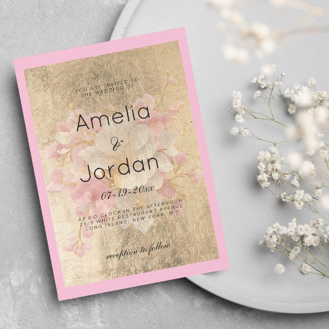 Invitation Cerisier blanc doré fleuri mariage (Gold white pink cherry blossom floral wedding )