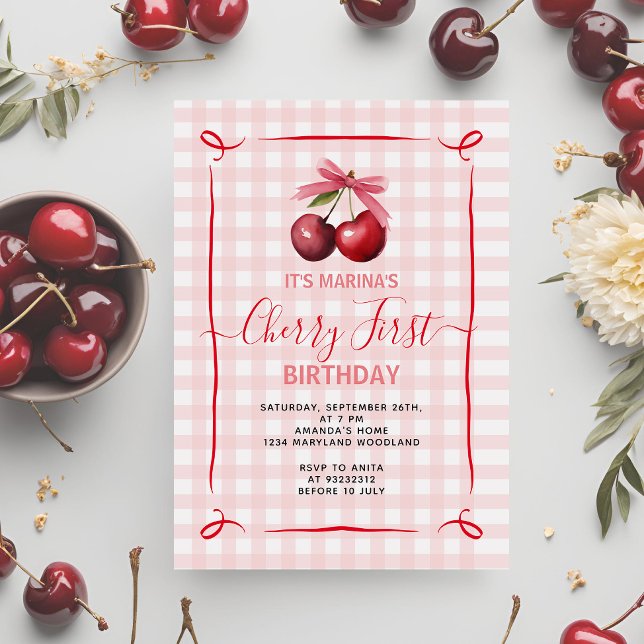 Invitation Cerisier Bow rose Première fête d'anniversaire Inv (Créateur téléchargé)