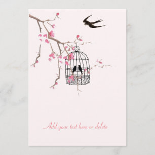 Invitation Cerisier en fleurs, cage à oiseaux, mariage, invit