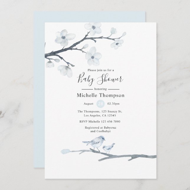 Invitation Cerisier Fleur Oiseaux Baby shower Floral (Devant / Derrière)
