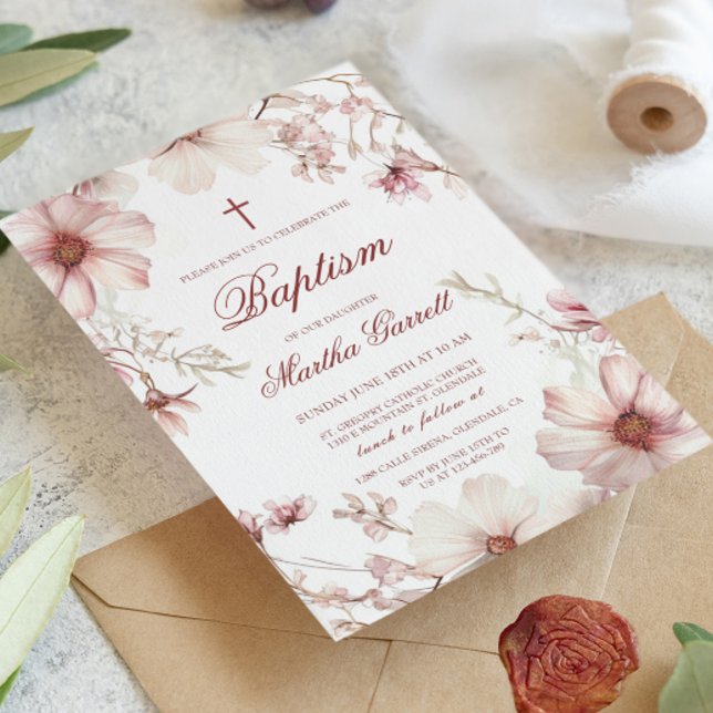 Invitation Cerisier Fleur Rose Et Blanc Filles Baptême (Créateur téléchargé)