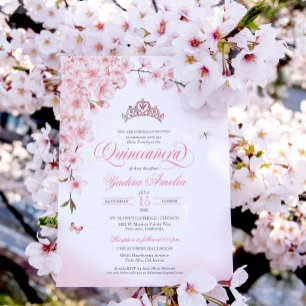 Invitation Cerisier Rose en fleurs Or Tiara rose Quinceañera