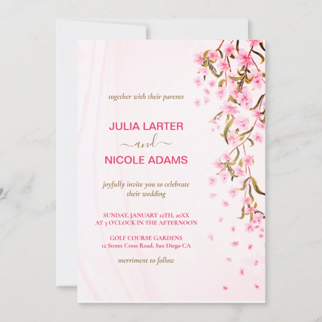 Invitation Cerisier Rose Fleurit Mariage Floral Pluie (Devant)