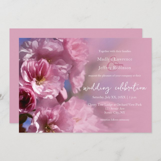 Invitation cerisier rose fleurs mariage de printemps (Devant / Derrière)