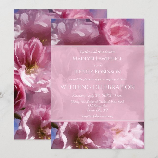 Invitation cerisier rose fleurs mariage de printemps (Devant / Derrière)