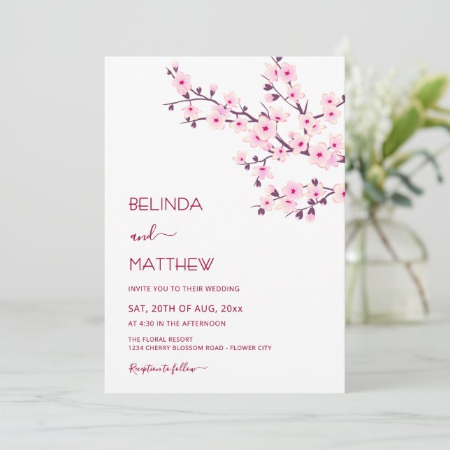 Invitation Cerisiers Rose Blanc Mariage Casual (Debout devant)