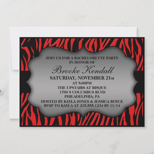 Invitation Cerry Red Wild Night Zebra Bachelorette Party (Devant)