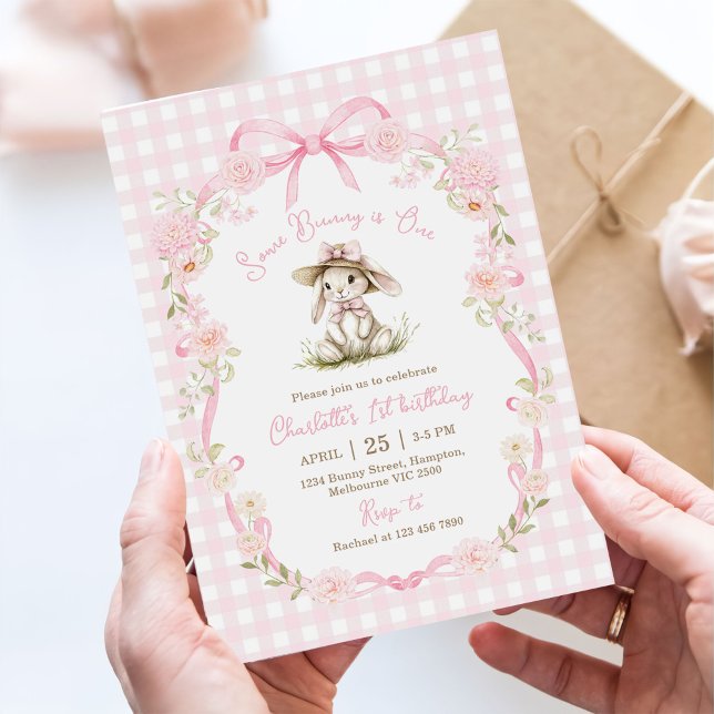 Invitation Certains Lapin a un an Ruban Rose Gingham 1er Anni (Créateur téléchargé)